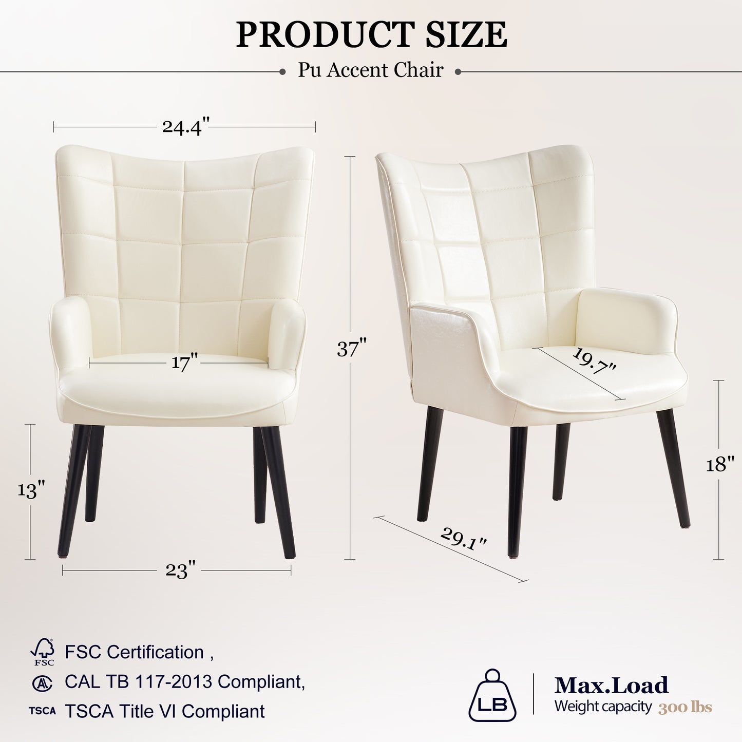 PU Leather Accent Chair, Upholstered Living Room Chair with Soild Wood Leg, Reading Armchair for Living Room Bedroom Home Office, Cream