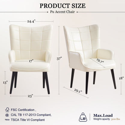 PU Leather Accent Chair, Upholstered Living Room Chair with Soild Wood Leg, Reading Armchair for Living Room Bedroom Home Office, Cream