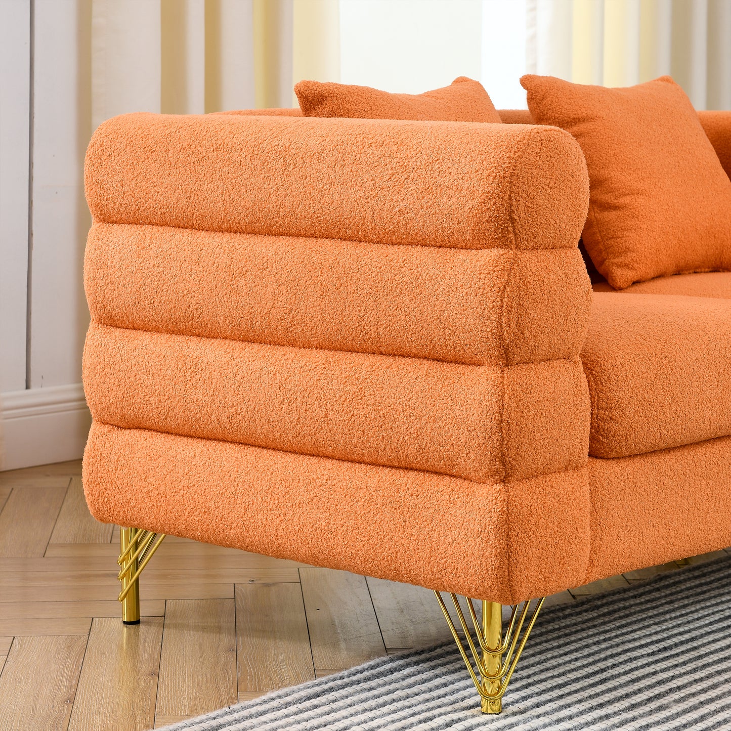 60Inch Oversized 2 Seater Sectional Sofa, Living Room Comfort Fabric Sectional Sofa-Deep Seating Sectional Sofa, Soft Sitting with 2 Pillows for Living Room,Bedroom,Office,Orange teddy