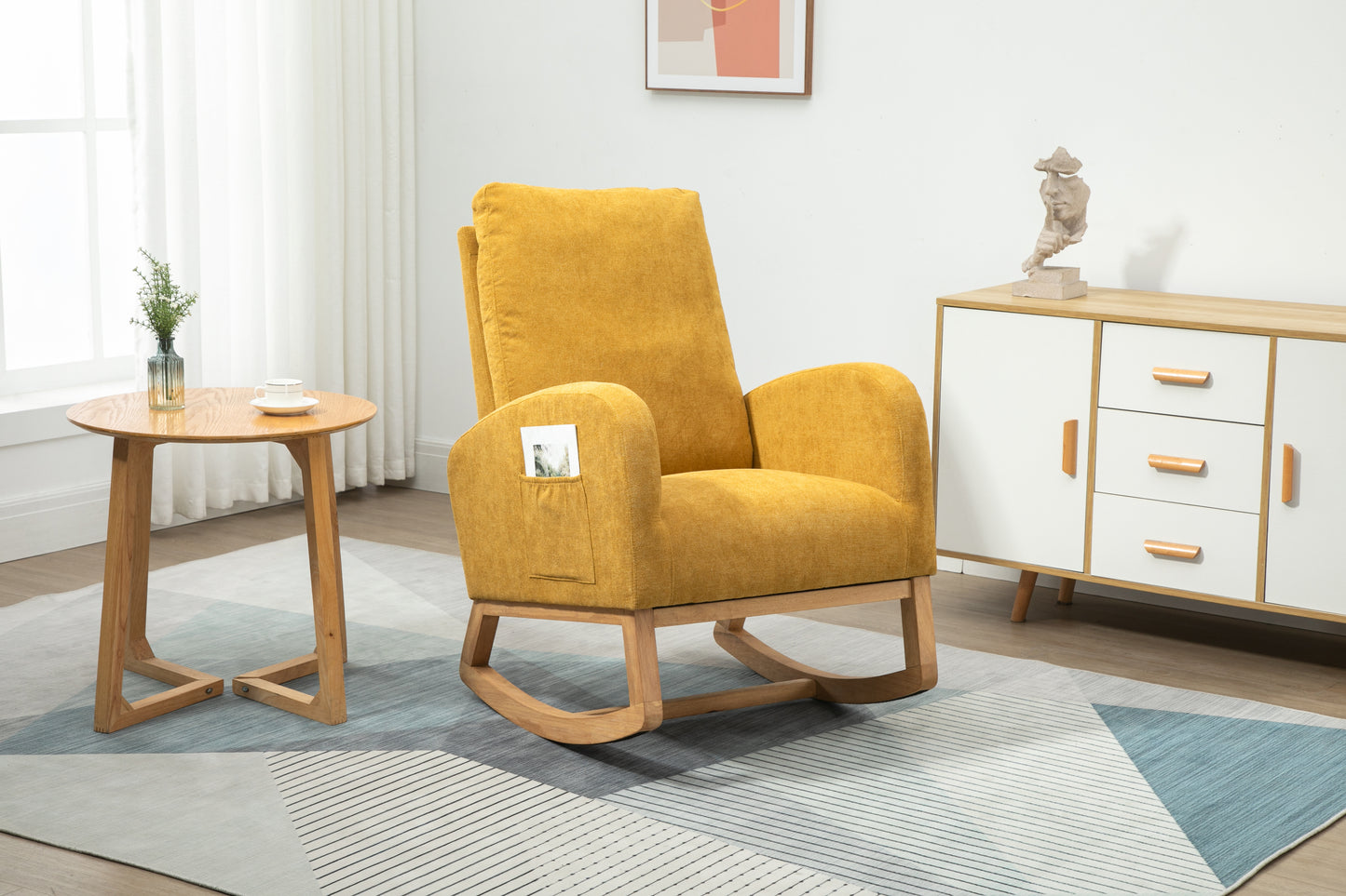 Rocking Chair, Modern Glider Chair, Recliner Armchair with Wood Legs and Side Pocket, Nursery Rocking Accent Chair with High Back for Living Room Bedroom (Mustard Yellow linen)