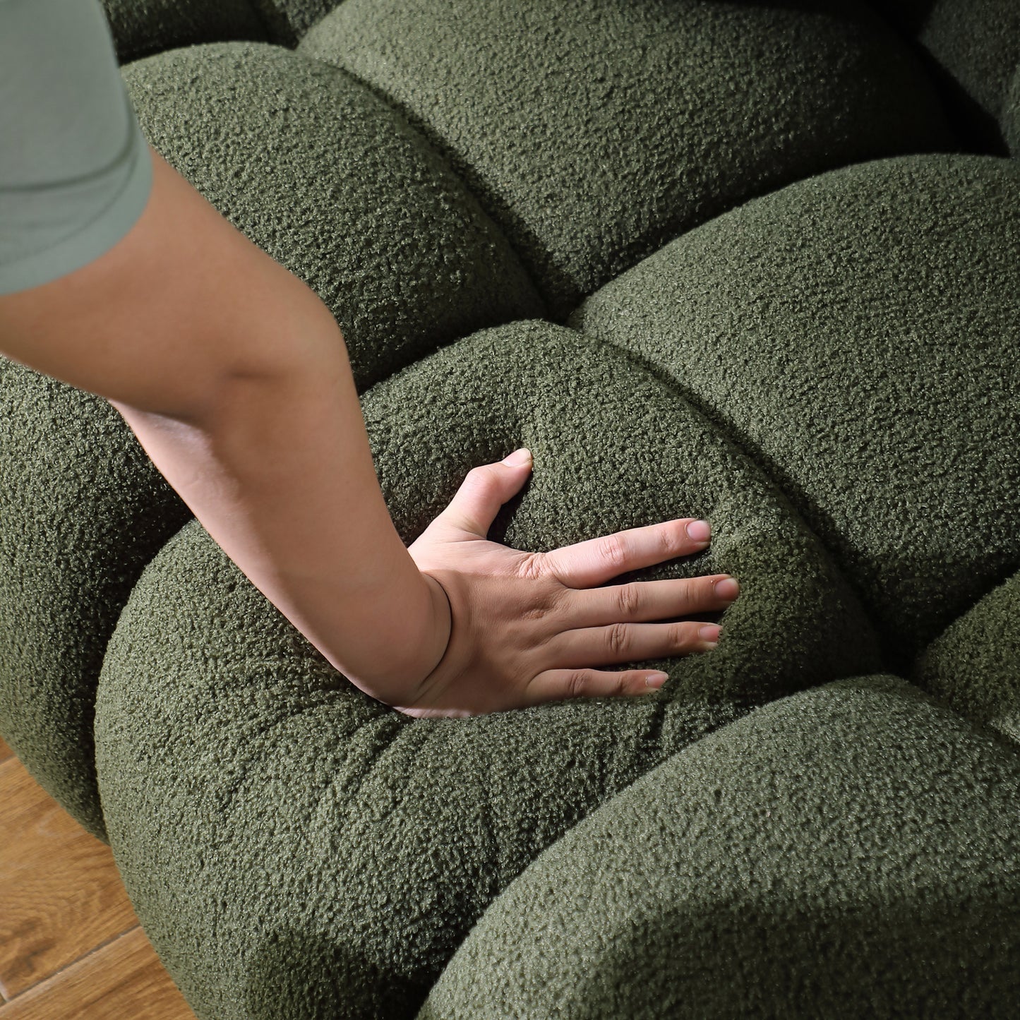 87.4 length,35.83" deepth,human body structure for USA people, marshmallow sofa,boucle sofa,3 seater, OLIVE GREEN BOUCLE