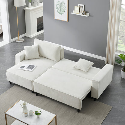 The 93-inch beige corduroy sofa bed comes with two pillows to fit in the living room and the apartment is not overcrowded