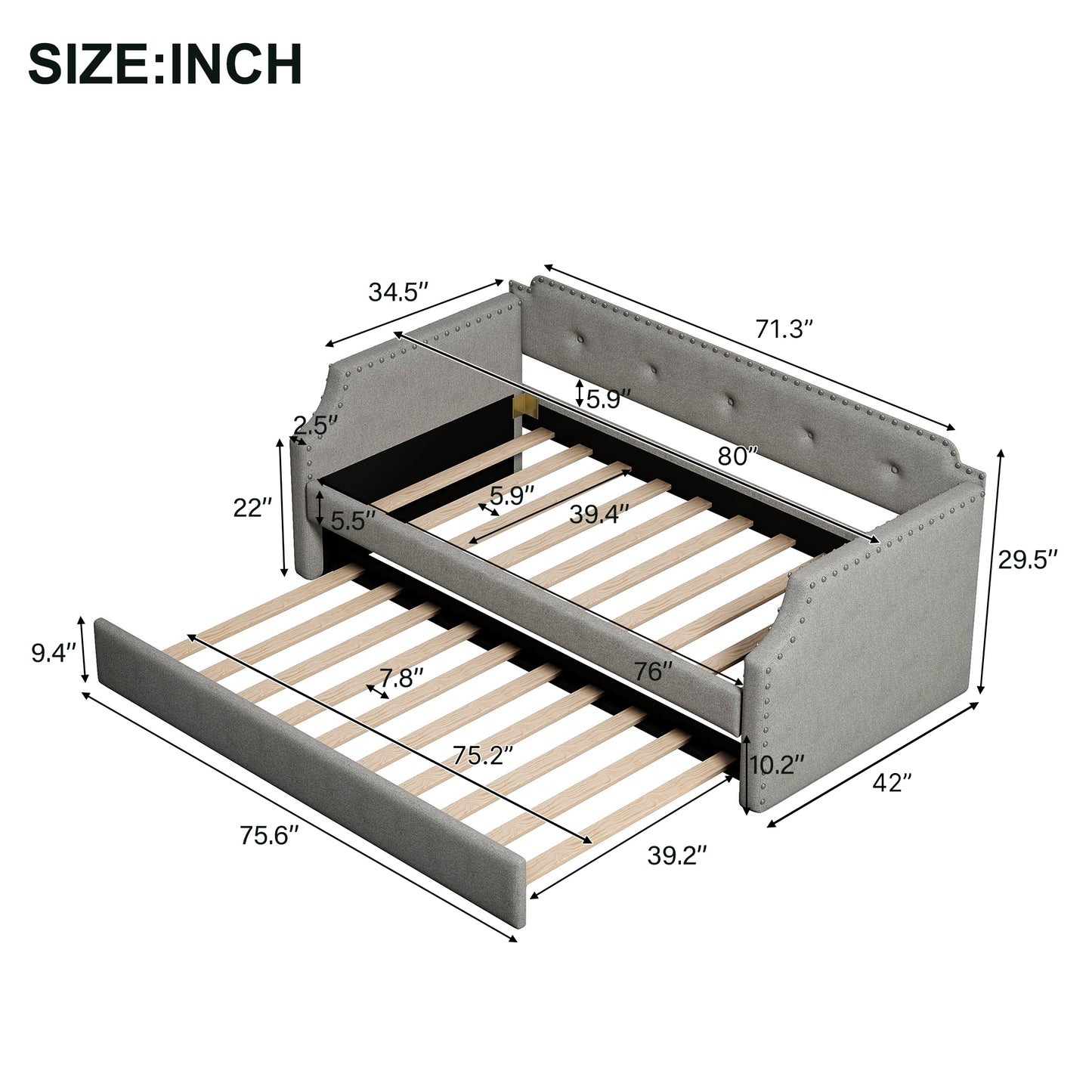 Upholstered Daybed with Trundle, Wood Slat Support,Upholstered Frame Sofa Bed, Twin,Gray