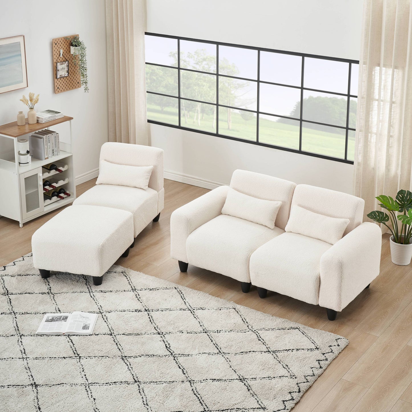 The 84.6-inch beige teddy fleece creative sofa can be assembled into a two-seater sofa plus a single couch with three waist pillows to perfectly stretch your waist for small apartment bedroom Spaces