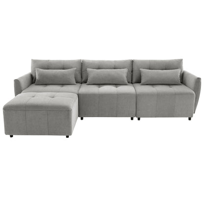 113.3" Convertible Sectional Sofa Couch 3-Seat L-Shaped Sofa with Movable Ottoman and USB for Apartment, Living Room, Bedroom, Grey