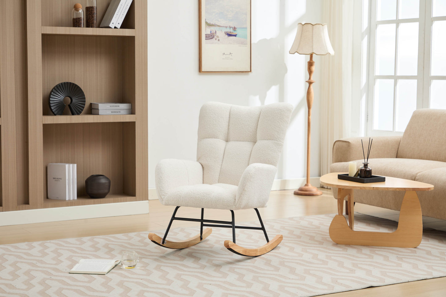 Modern Nursery Rocking Chair Upholstered Glider Chair with High Backrest Rocker Accent Armchair with Solid Wood Legs for Nursery Bedroom Living Room Teddy (white)