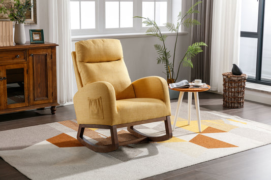 Rocking Chair, Modern Glider Chair, Recliner Armchair with Wood Legs and Side Pocket, Nursery Rocking Accent Chair with High Back for Living Room Bedroom (Yellow linen)