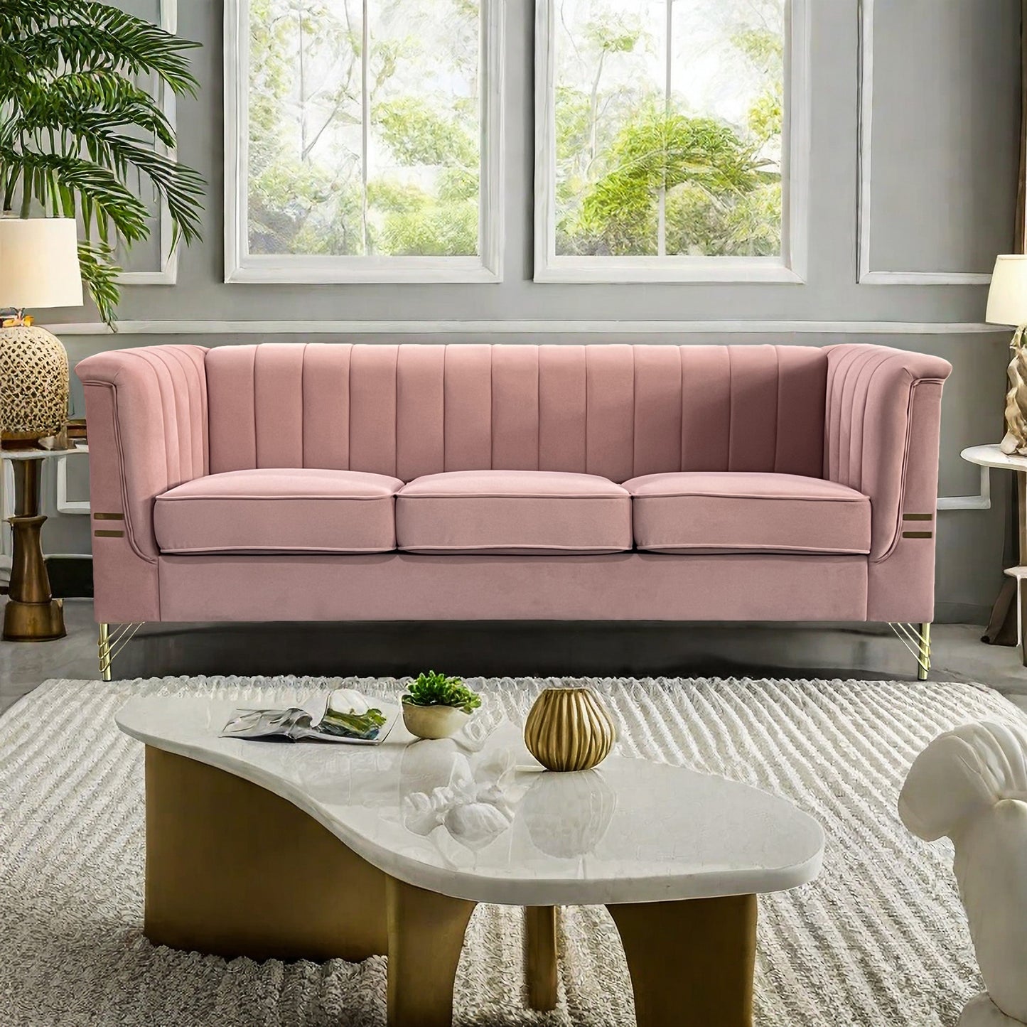 Modern Designs Velvet Upholstered Living Room Sofa, 3 Seat Sofa Couch with Golden Metal Legs for Home, Apartment or Office Pink SOFA