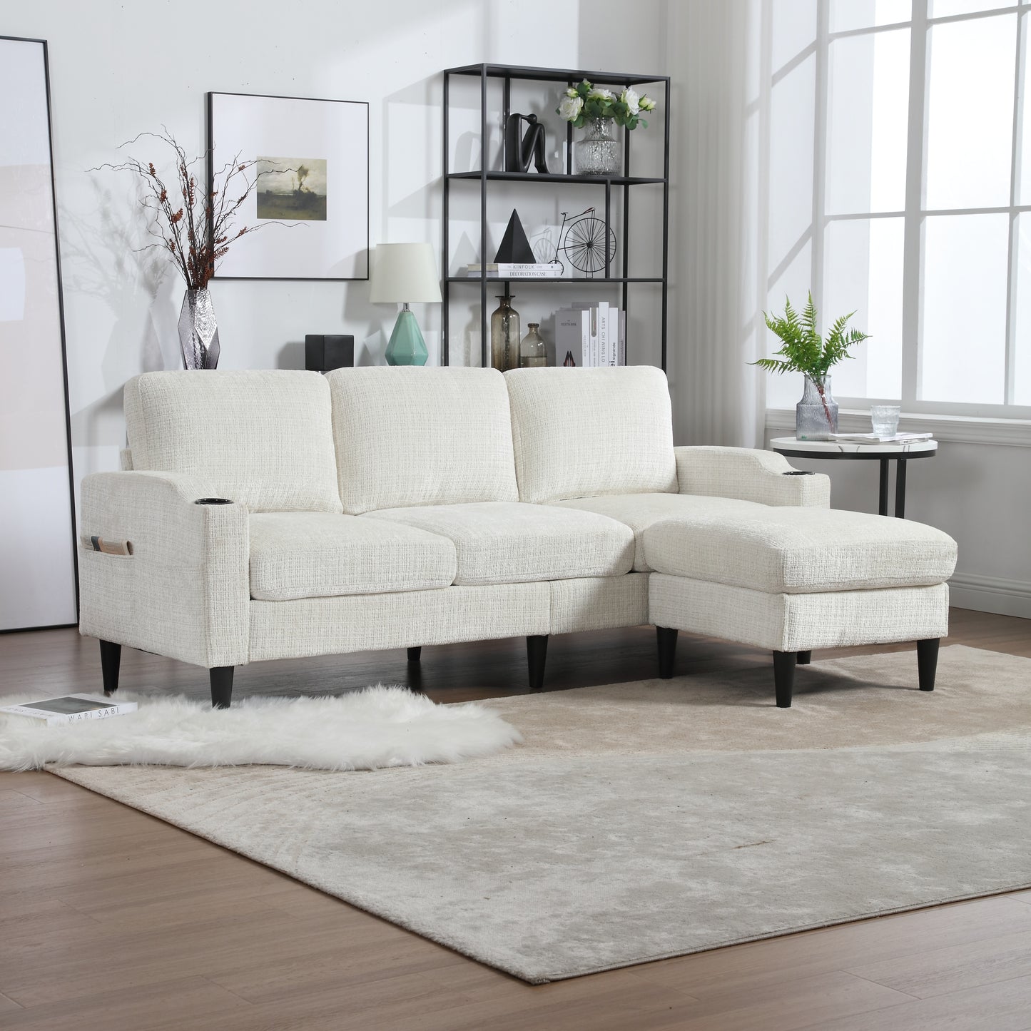 Sofa for three, solid wood frame, Chenille fabric, side pocket, with two cup holders, footstool with storagestorage sofa /Living room sofa cozy sectional sofa