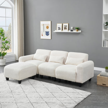 The 84.6-inch beige teddy fleece creative sofa can be assembled into a two-seater sofa plus a single couch with three waist pillows to perfectly stretch your waist for small apartment bedroom Spaces