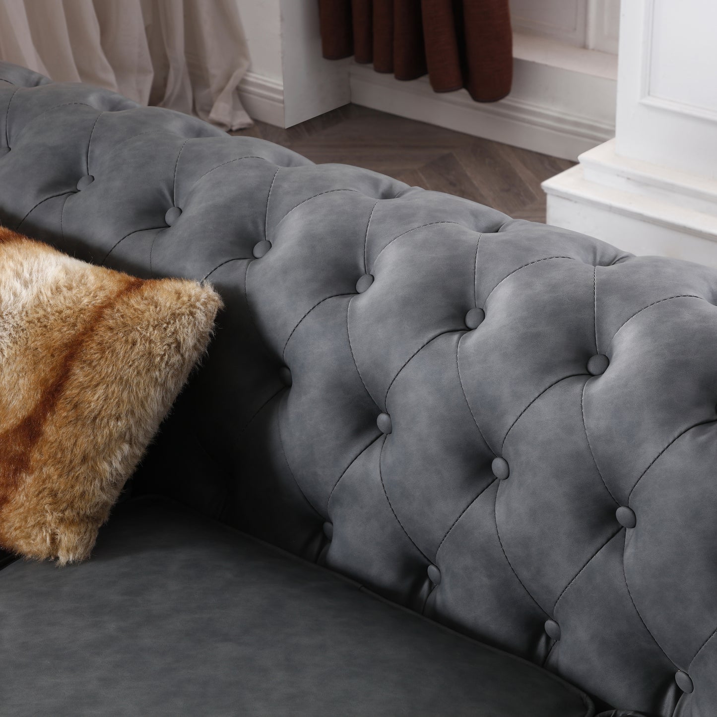 Classic Chesterfield Sofa Dark Grey Faux Leather