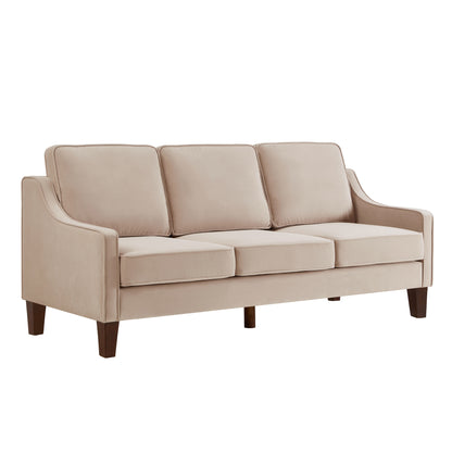 Modern 3 Person seat Sofa Couch with Scooped Armrest/Wood legs,Upholstered Velvet 3-seat Sofa with Removable Cushions for Livingroom Bedroom,Taupe