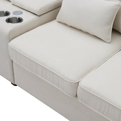 114.2" Upholstered Sofa with Console, 2 Cupholders and 2 USB Ports Wired or Wirelessly Charged, Modern Linen Fabric Couches with 4 Pillows for Living Room, Apartment