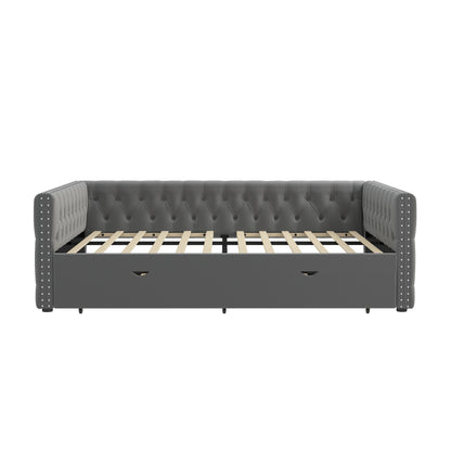 Daybed with Trundle Velvet Upholstered Tufted Sofa Bed, with Button and Copper Nail onSquare Arms,Full Daybed & Twin Trundle- For Bedroom, Living Room, Guest Room,(83"x57"x26")