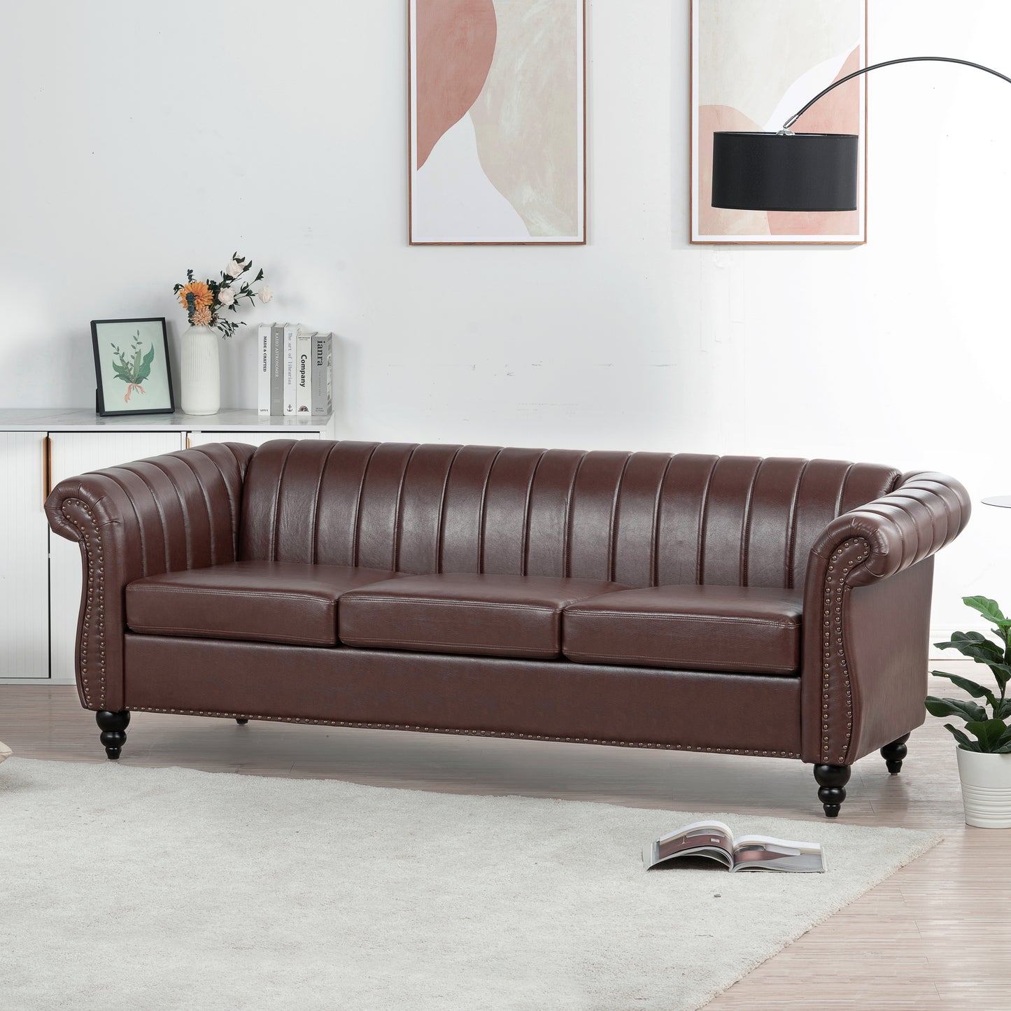 83.46'' Brown PU Rolled Arm Chesterfield Three Seater Sofa.