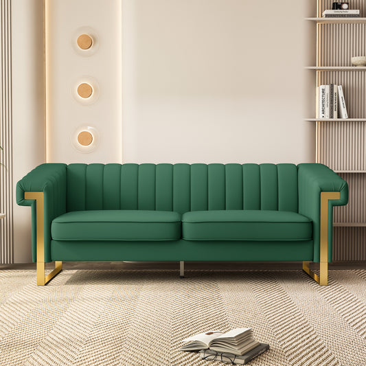 SOFA Modern Green PU Sofa with Gold Accents - Sleek Channel-Tufted Upholstery, 3-Seat Couch for Living Room and Office Decor