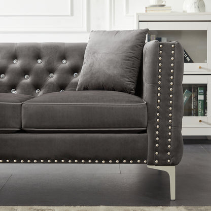 82.3" Width Modern Velvet Sofa Jeweled Buttons Tufted Square Arm Couch Grey,2 Pillows Included