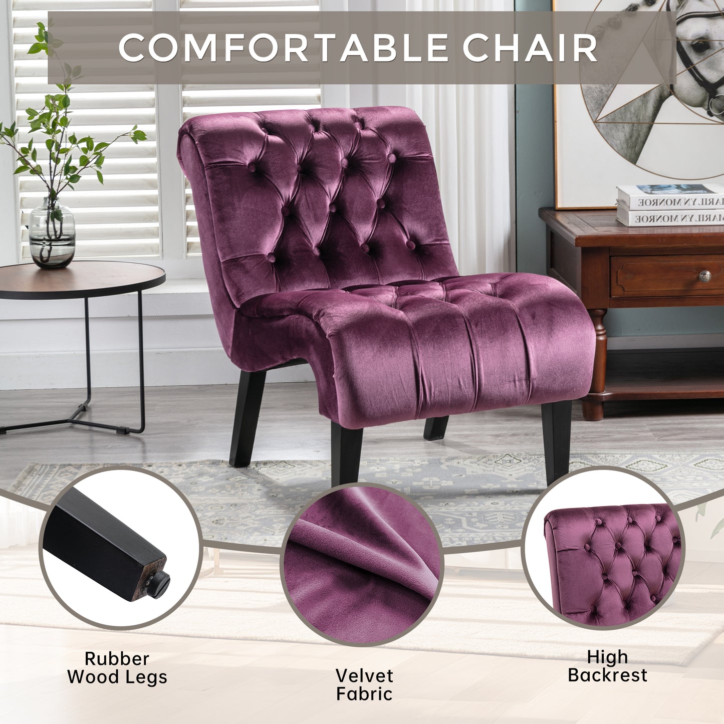 Modern Velvet Armless Accent Living Room Chair / Leisure Chair,Upholstered Fabric Button Comfortable Chair with Wooden Legs for Bedroom, Living Room, Office (Purple Velvet)