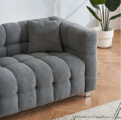 Grey teddy fleece sofa 80 inch discharge in living room bedroom with two throw pillows hardware foot support