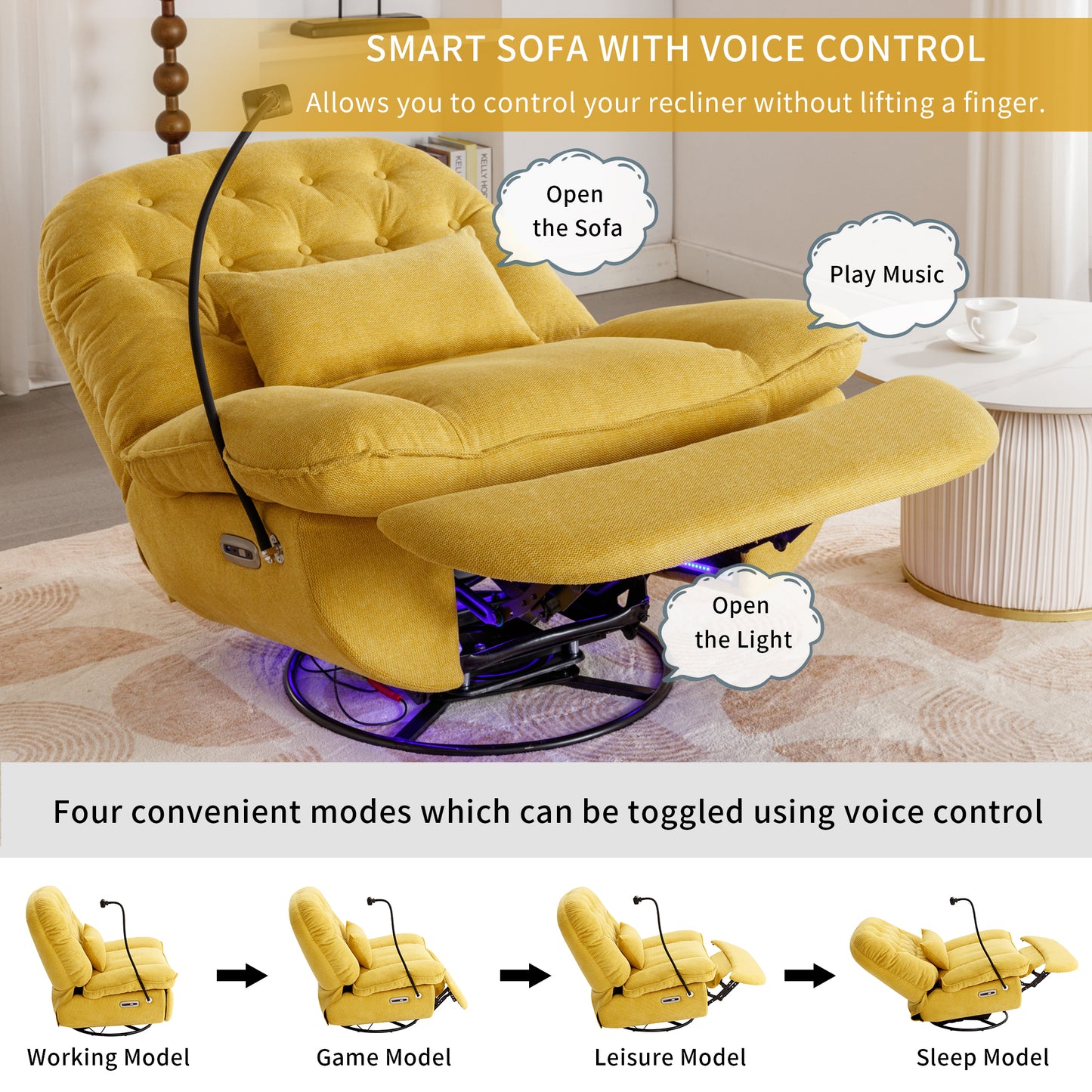 270 Degree Swivel Power Recliner with Voice Control, Bluetooth Music Player,USB Ports, Atmosphere Lamp, Hidden Arm Storage and Mobile Phone Holder for Living Room, Bedroom, Apartment, Yellow