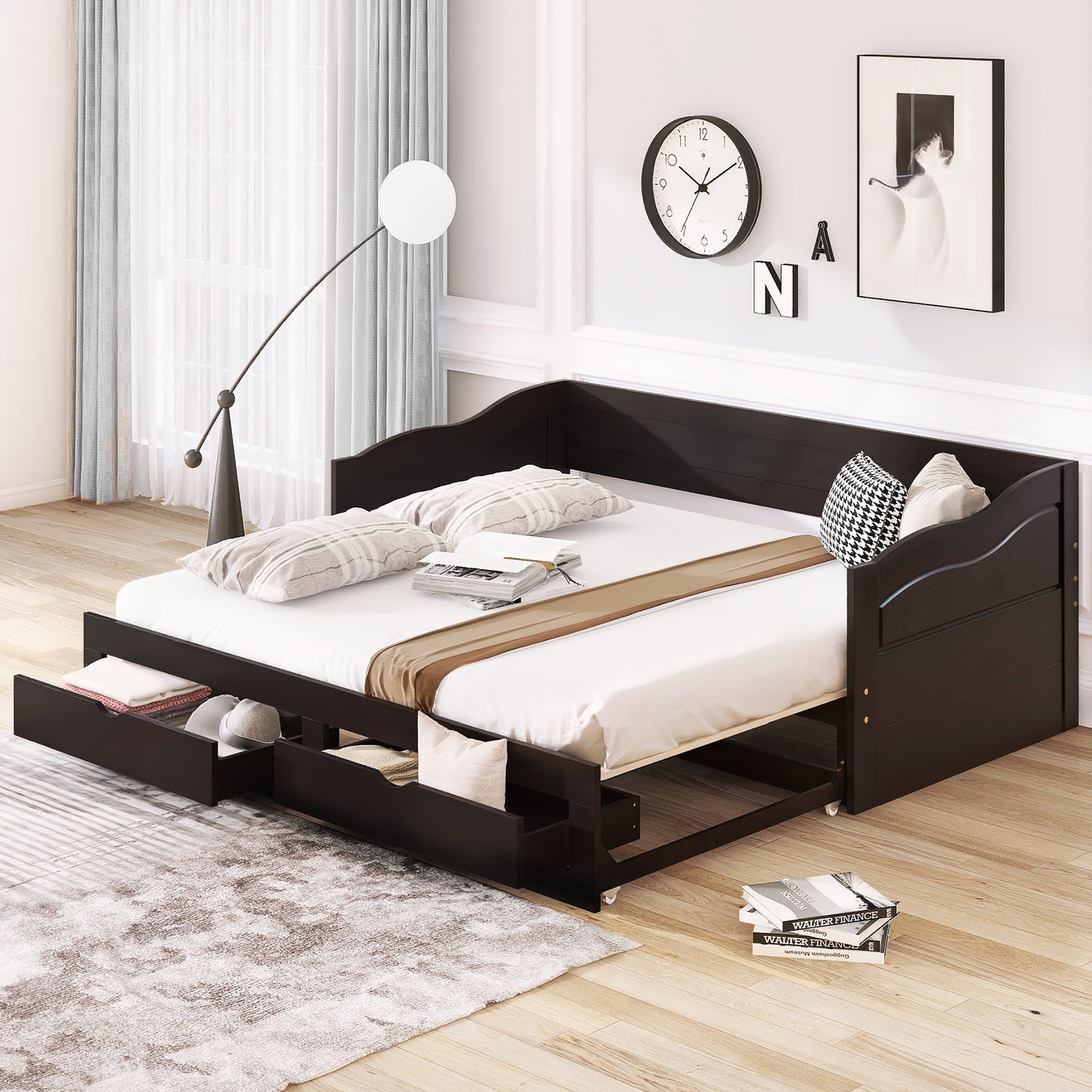 Wooden Daybed with Trundle Bed and Two Storage Drawers, Extendable Bed Daybed,Sofa Bed with Two Drawers, Espresso