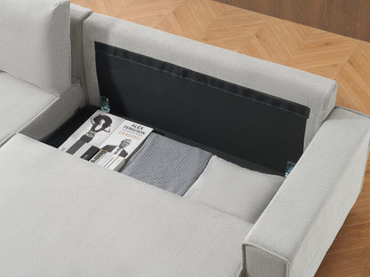 The 93-inch grey corduroy sofa bed comes with two pillows to fit in the living room and the apartment is not overcrowded