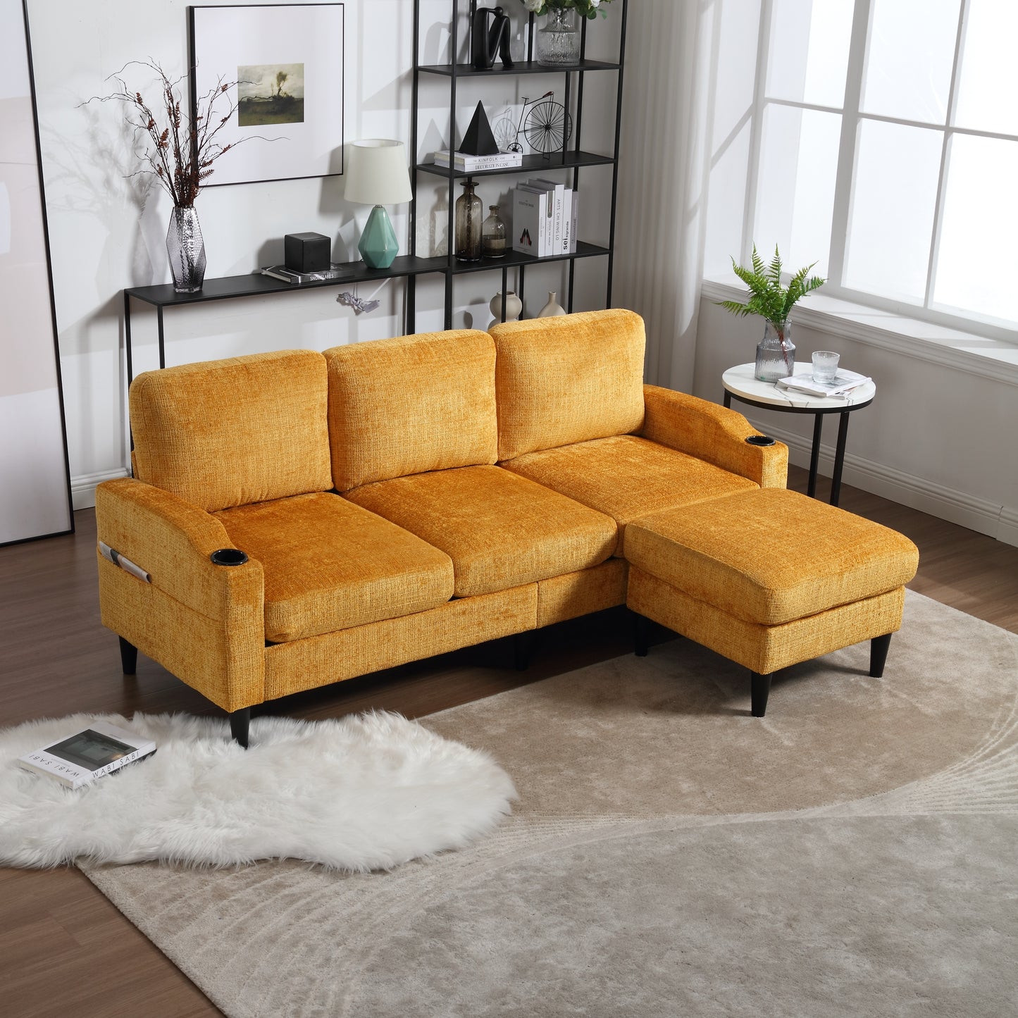 Sofa for three, solid wood frame, Chenille fabric, side pocket, with two cup holders, footstool with storagestorage sofa /Living room sofa cozy sectional sofa