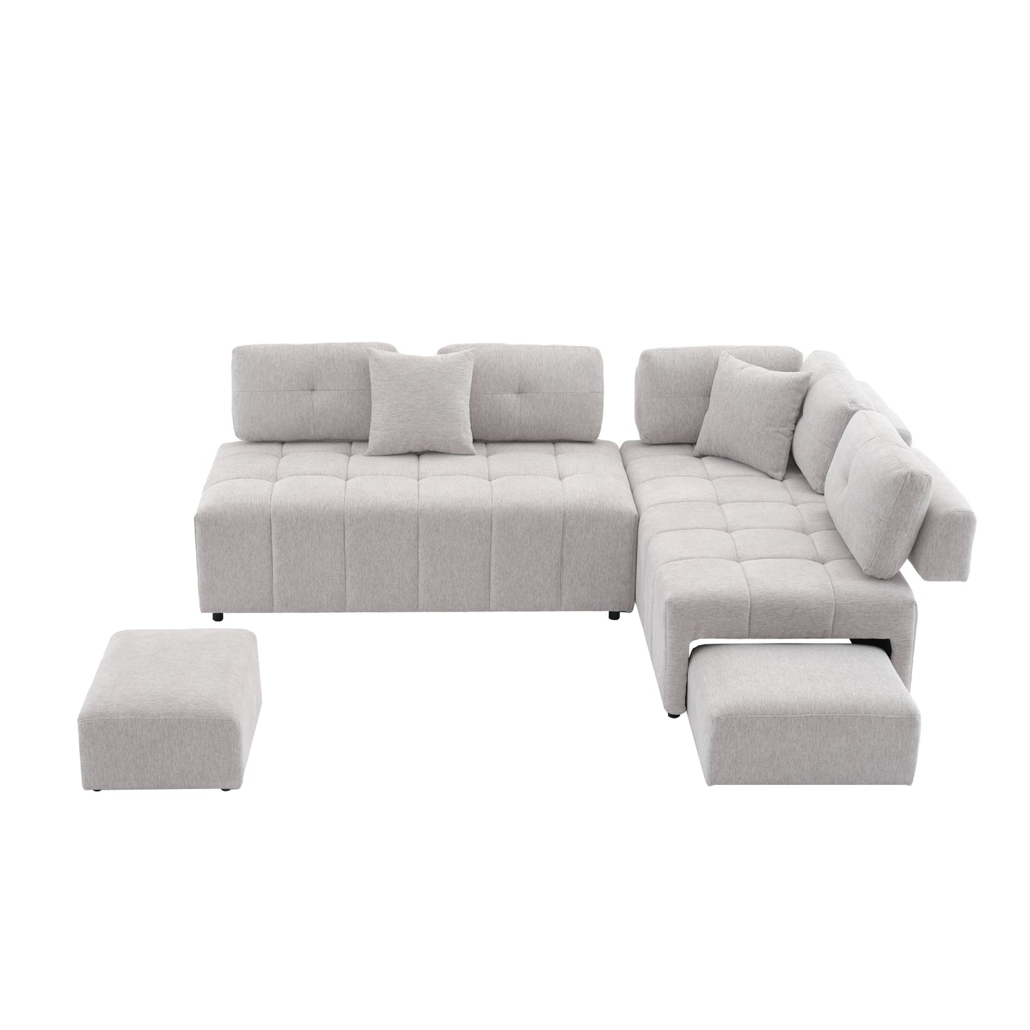 91.73" L-shaped Sofa Sectional Sofa Couch with 2 Stools and 2 Lumbar Pillows for Living Room, Light Grey