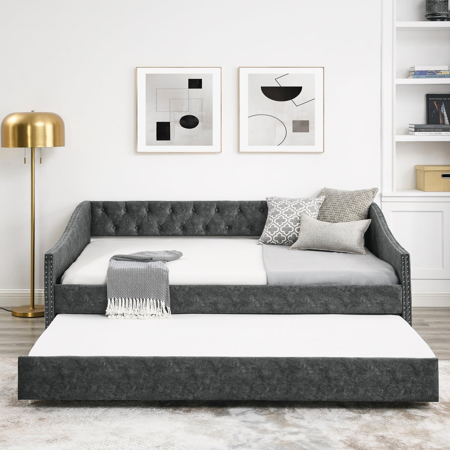 Full Size Daybed with Twin Size Trundle Upholstered Tufted Sofa Bed, with Button on Back and Copper Nail on Waved Shape Arms,Grey (80.5"x55.5"x27.5")