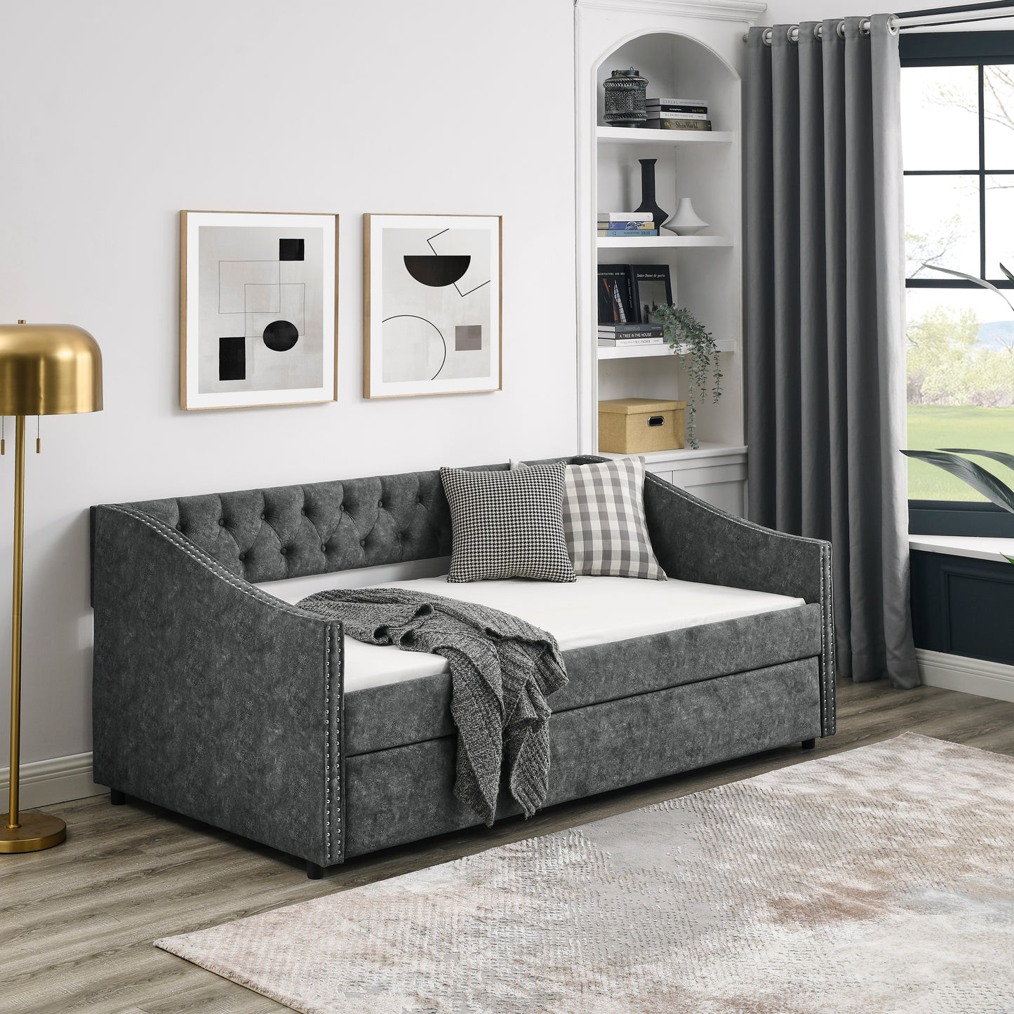 Size Daybed with Twin Size Trundle Upholstered Tufted Sofa Bed, with Button on Back and Copper Nail on Waved Shape Arms, Grey (80.5"x41"x30.5")