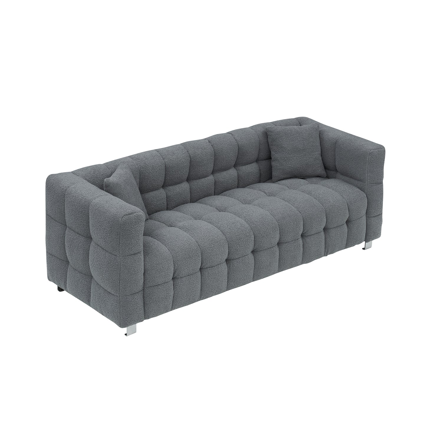 Grey teddy fleece sofa 80 inch discharge in living room bedroom with two throw pillows hardware foot support