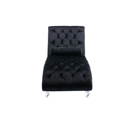 Velvet Chaise Lounge Indoor,Button-Tufted Upholstered Chaise Lounge Chair with Pillow for Bedroom Living Room Office (Black Velvet)