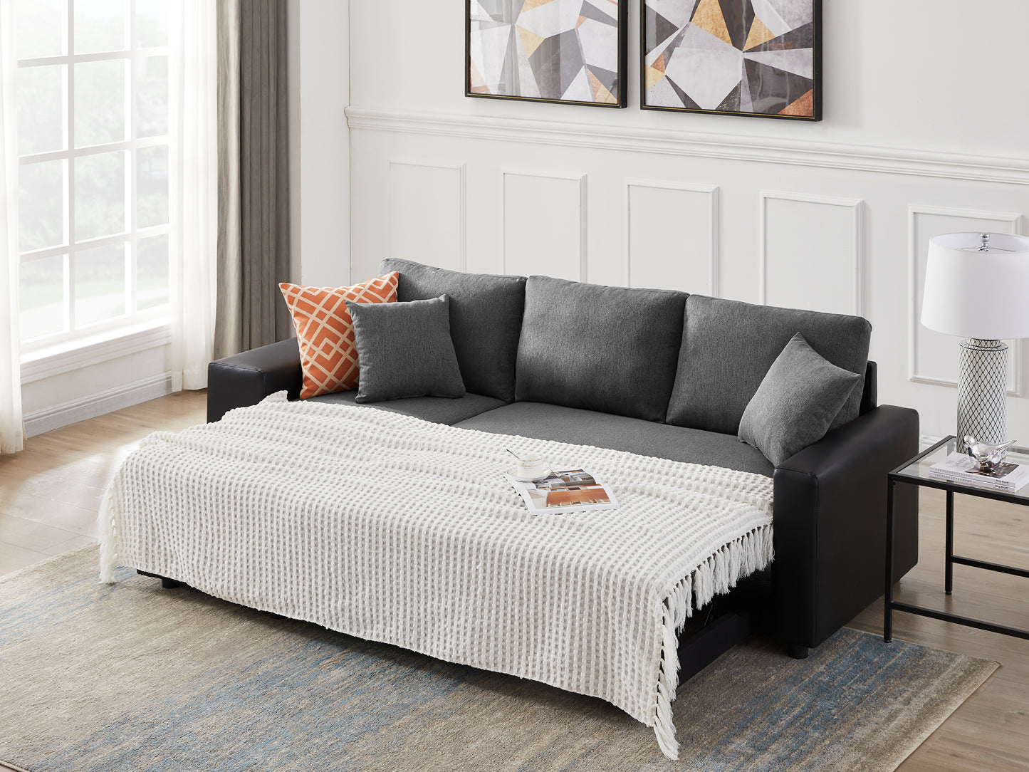 92.5 inchLinen Reversible Sleeper Sectional Sofa with storage and 2 stools Steel Gray