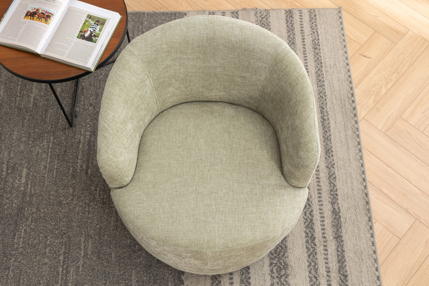 037-Chenille Fabric Swivel Accent Armchair Barrel Chair With Black Powder Coating Metal Ring,Light Green