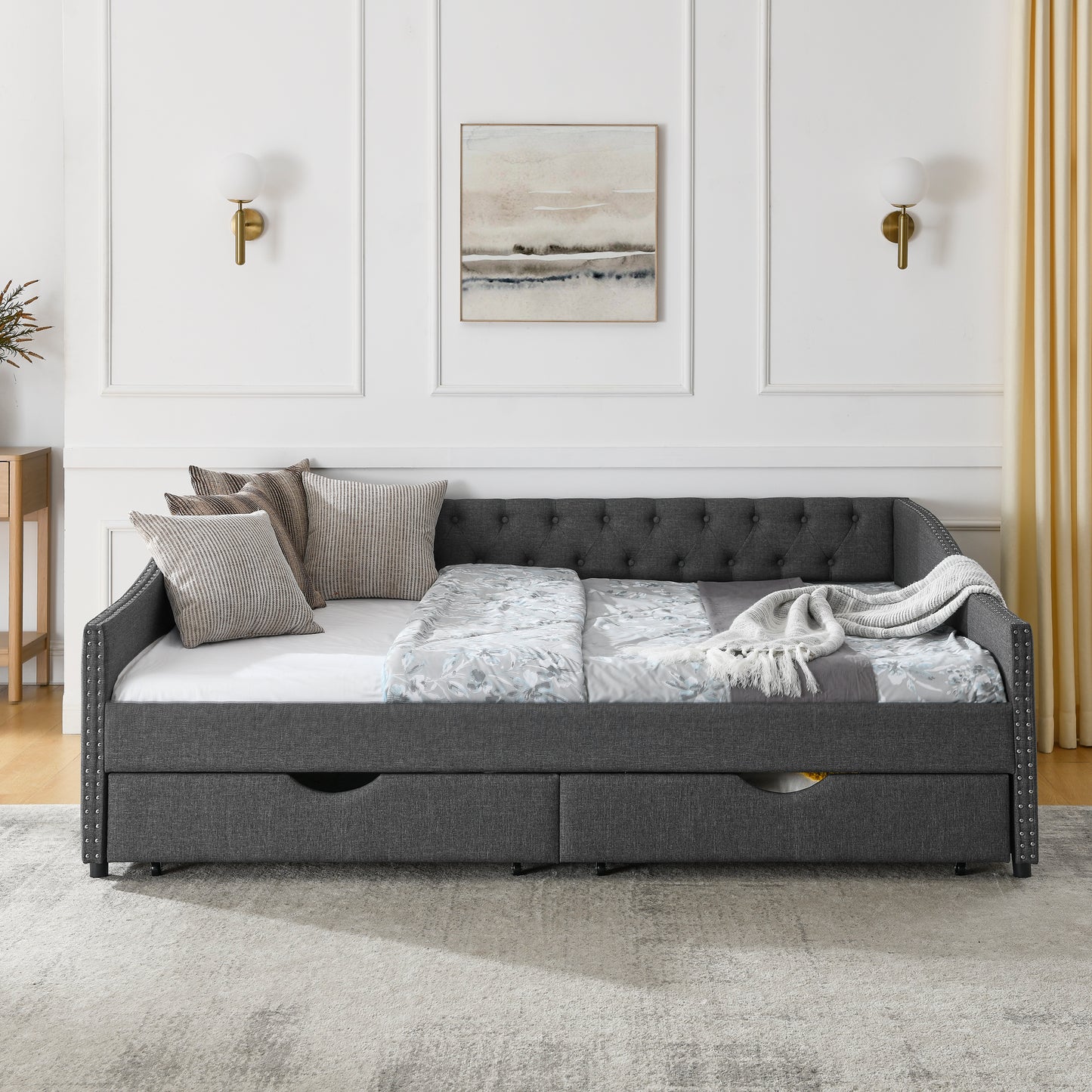 Queen Size Daybed with Drawers Upholstered Tufted Sofa Bed,,with Button on Back and Copper Nail on Waved Shape Arms(84.5"x63.5"x26.5")