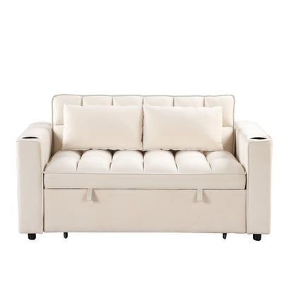 58" 4-1 Multi-functional Sofa Bed with Cup Holder and USB Port for Living Room or Apartments Milky White