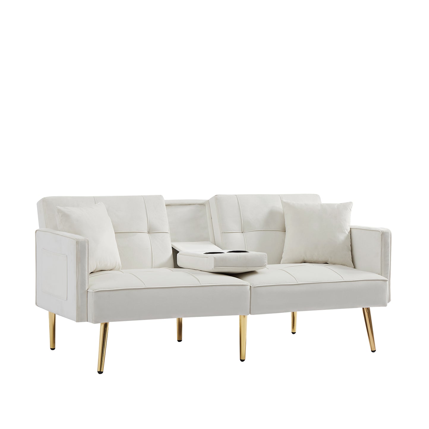 Cream White Velvet Futon Sofa Bed with Gold Metal Legs