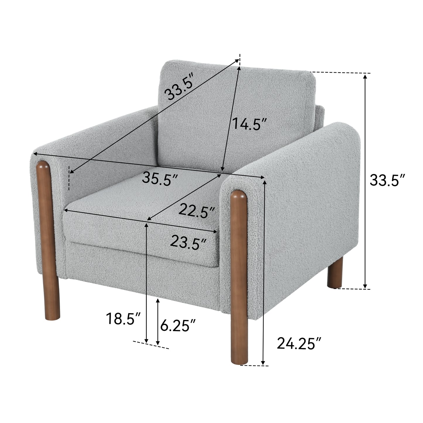 Oversized Accent Chair, Upholstered Living Room Chairs Single Sofa Chair with Walnut Legs, Curved handrail, Grey