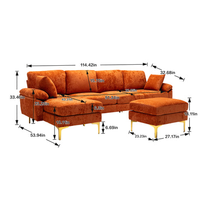 U-shape sectional sofa with Ottoman, Reversible Sofa Couch for Living Room,Spacious Furniture,Durable Couch Removable and machine washable cover (Orange Velvet)