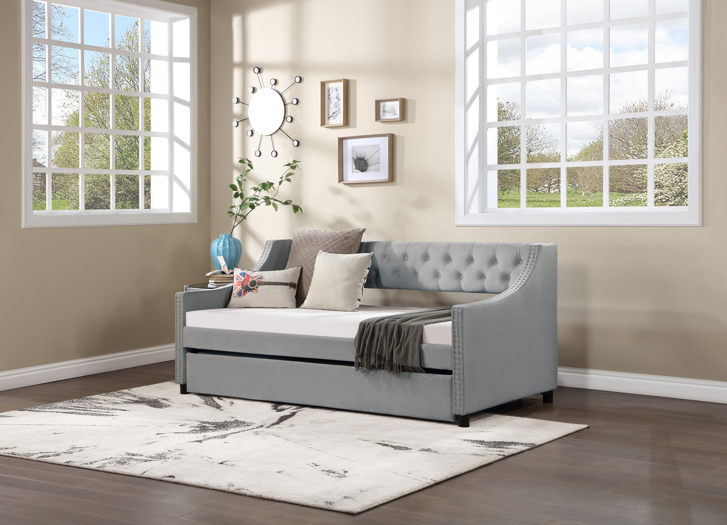 Daybed with Trundle Upholstered Tufted Sofa Bed, with Button and Copper Nail on Arms，full Size