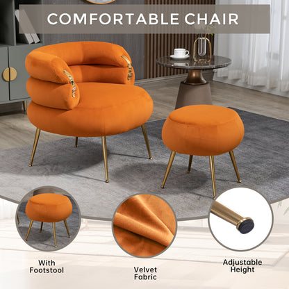 Upholstered Velvet Barrel Accent Chair with Ottoman,Accent Comfy Lounge Arm Chair and Footrest Stool Set,Single Sofa Armchair with Lounge Seat for Bedroom,Office (Orange)