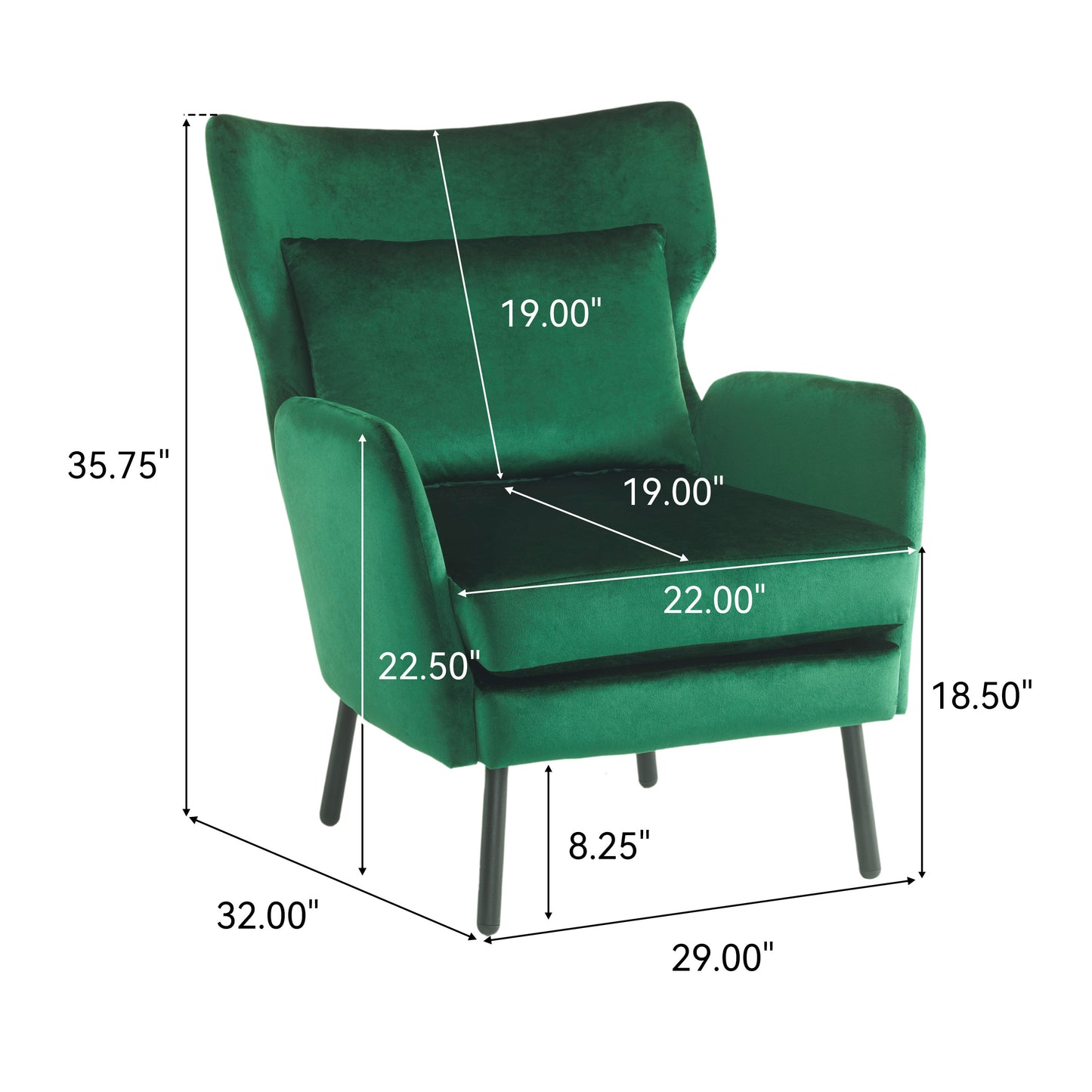 Velvet Accent Chair, Modern Living Room Armchair Comfy Upholstered Single Sofa Chair for Bedroom Dorms Reading Reception Room with Metal Legs & Pillow, Green