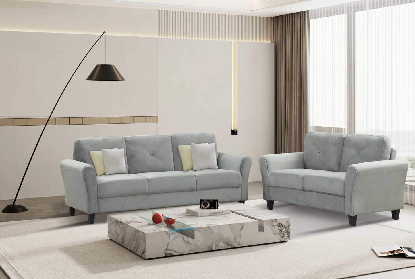 Fashionable living room sofa for 3 people, gray fabric