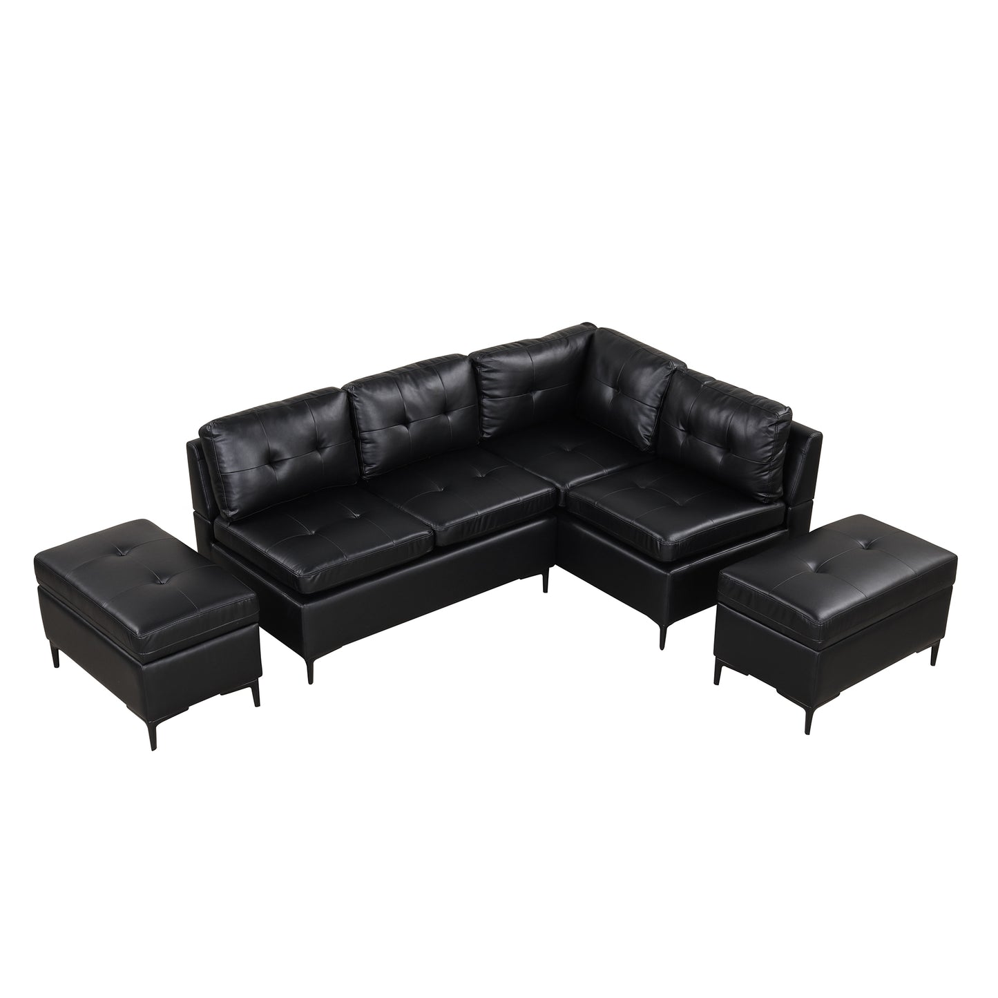 94.88" L-Shaped Corner Sofa Pu Leather Sectional Sofa Couch with Movable Storage Ottomans for Living Room, Black