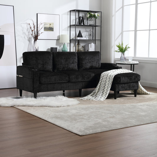 Sofa for three, solid wood frame, Chenille fabric, side pocket, with two cup holders, footstool with storagestorage sofa /Living room sofa cozy sectional sofa