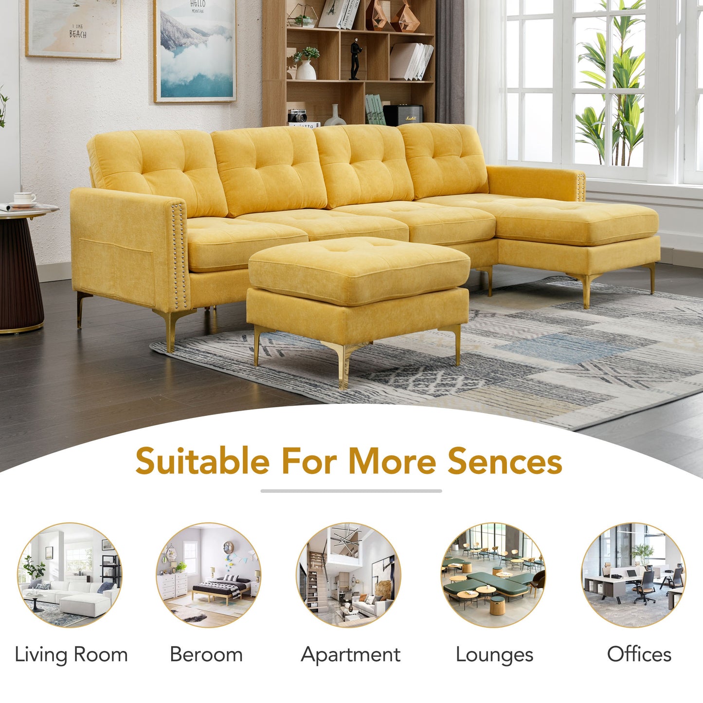 110" L-Shape Convertible Sectional Sofa Couch with Movable Ottoman for Living Room, Apartment, Office, Yellow