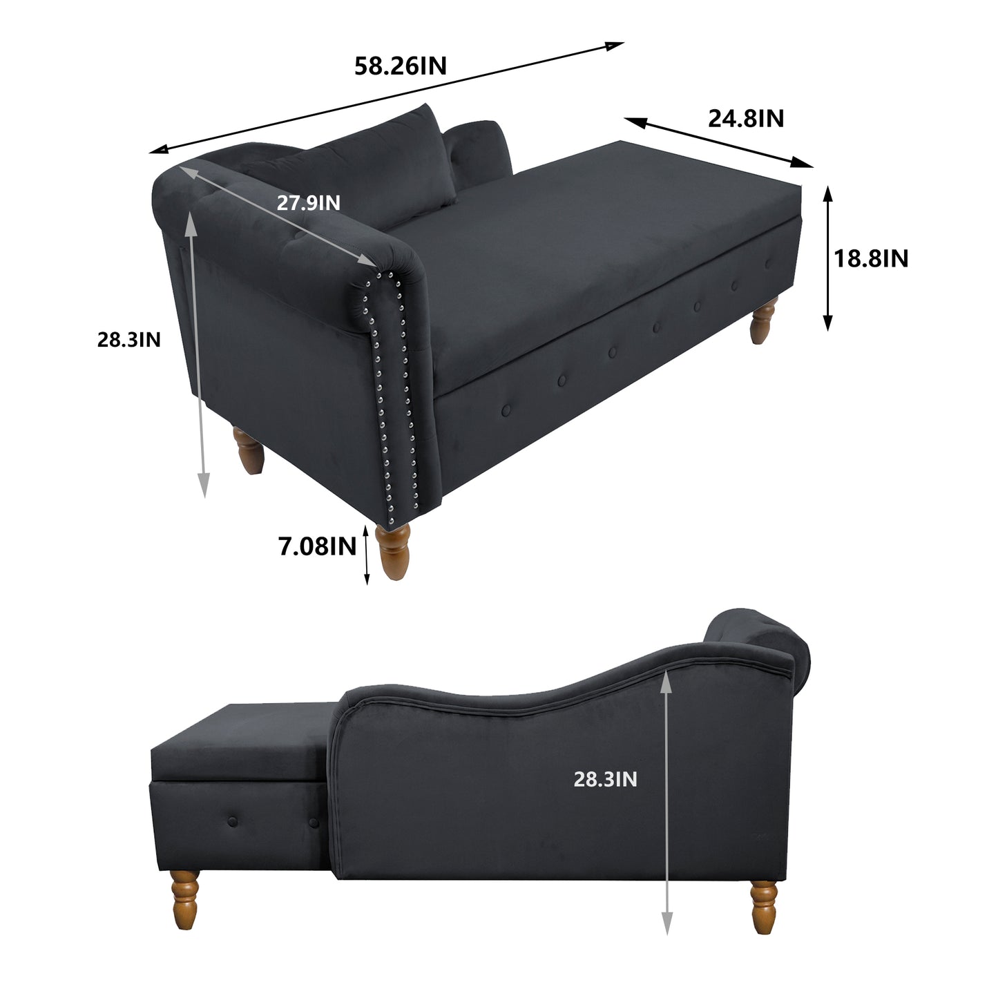 Black Chaise Lounge Indoor,Velvet Lounge Chair for Bedroom with Storage & Pillow,Modern Upholstered Rolled Arm Chase Lounge for Sleeping with Nailhead Trim for Living Room Bedroom Office