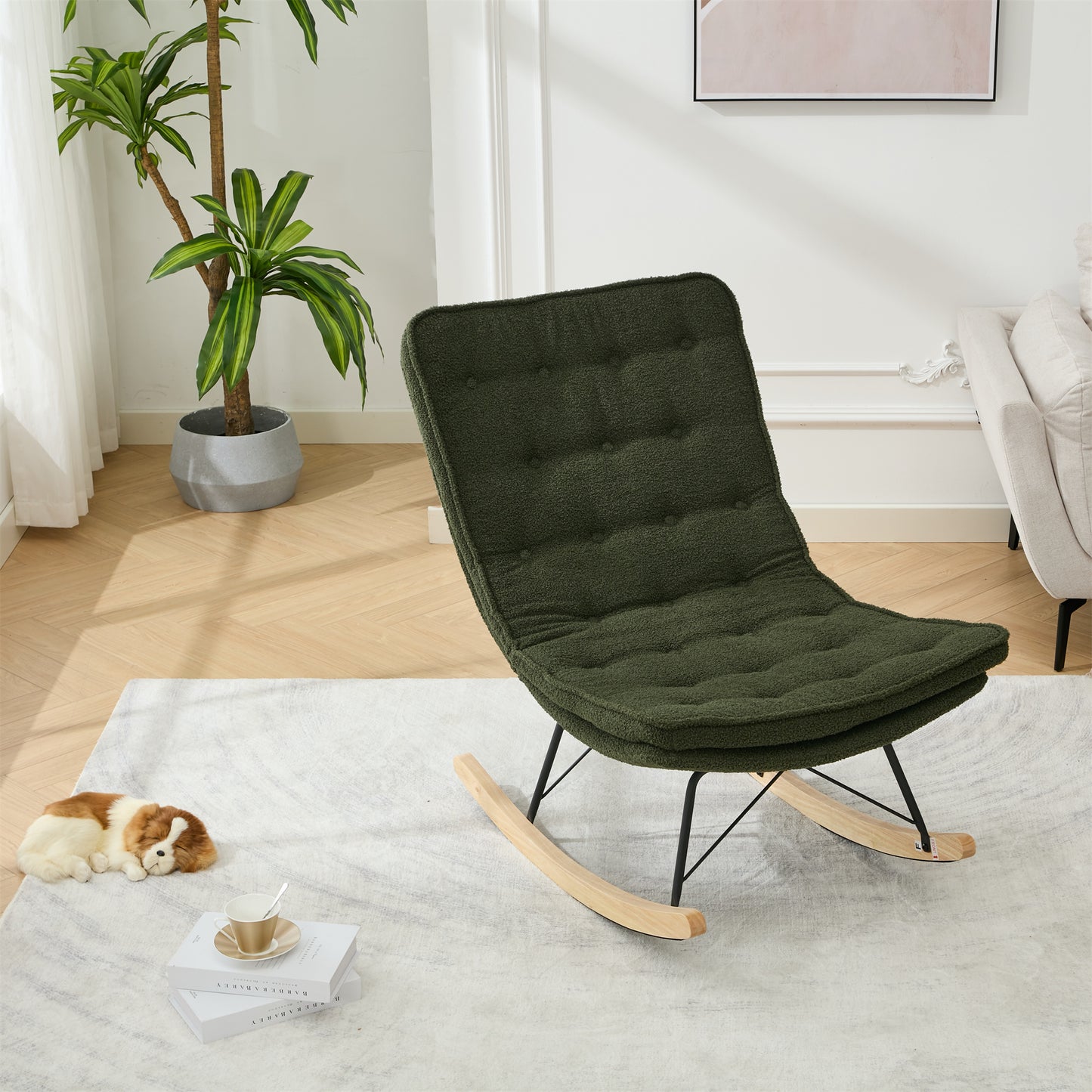 Lazy Rocking Chair,Comfortable Lounge Chair with Wide Backrest and Seat Wood Base, Upholstered Armless Rocker Chair for Living room, Balcony,Bedroom and Patio Porch. (DARK GREEN)