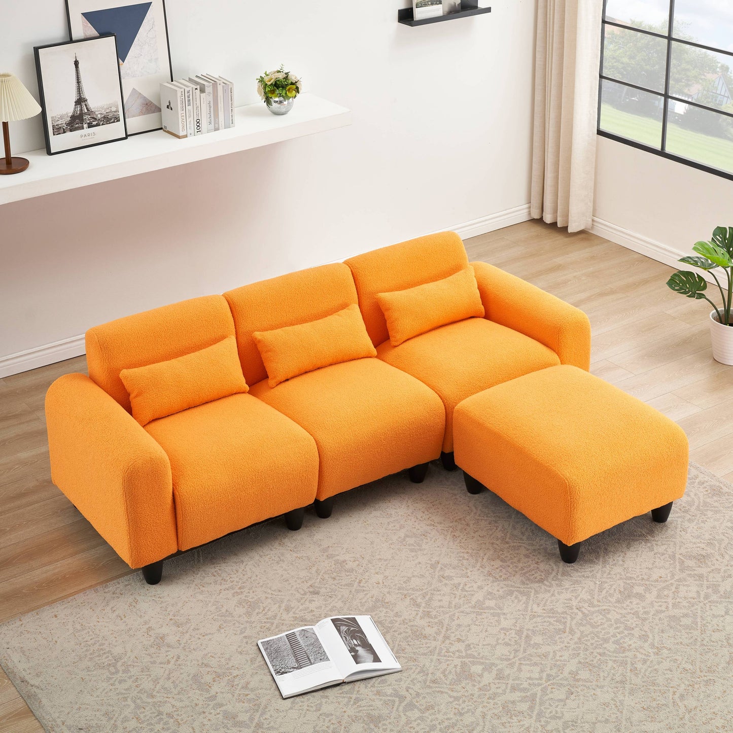 The 84.6-inch orange teddy fleece creative sofa can be assembled into a two-seater sofa with a single couch with three waist pillows to perfectly stretch your waist for small apartment bedroom Spaces