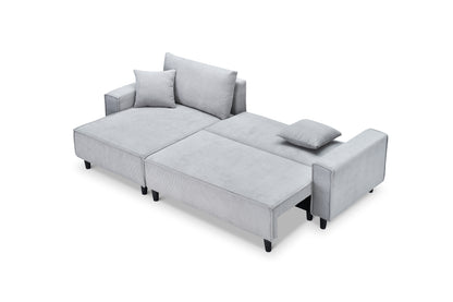 The 93-inch grey corduroy sofa bed comes with two pillows to fit in the living room and the apartment is not overcrowded